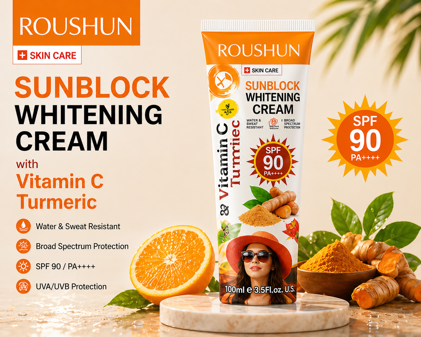 ROUSHUN SPF 90 Sunblock Cream – Brightening & UV Protection