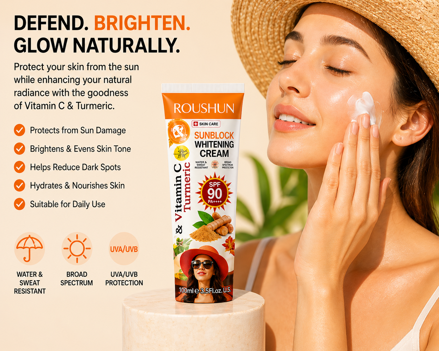 ROUSHUN SPF 90 Sunblock Cream – Brightening & UV Protection