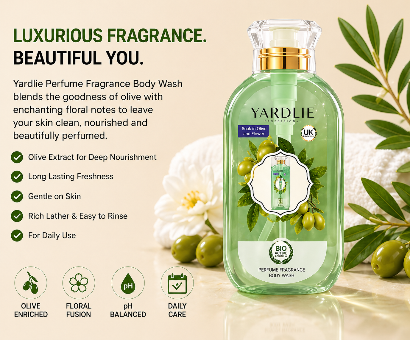 Yardlie Perfume Body Wash – Olive & Floral Hydrating Cleanser