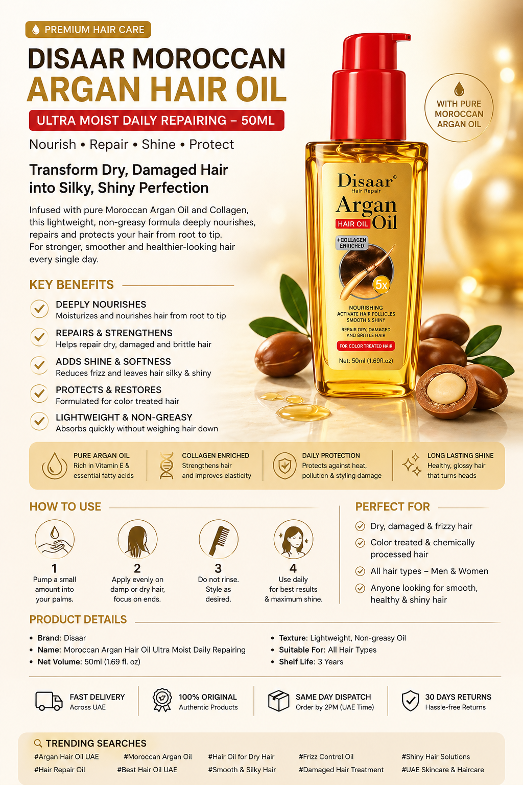 Disaar Argan Hair Oil – Deep Repair & Shine Care