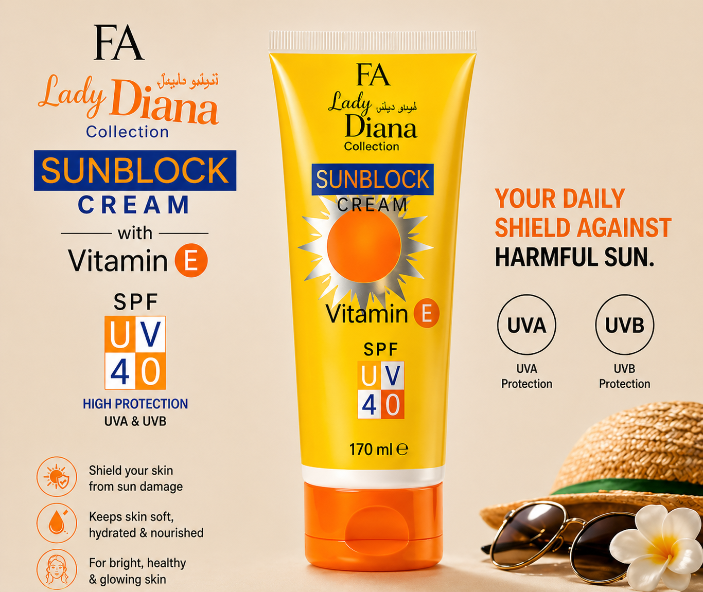 FA Lady Diana SPF 40 Sunblock Cream Vitamin E – UVA/UVB