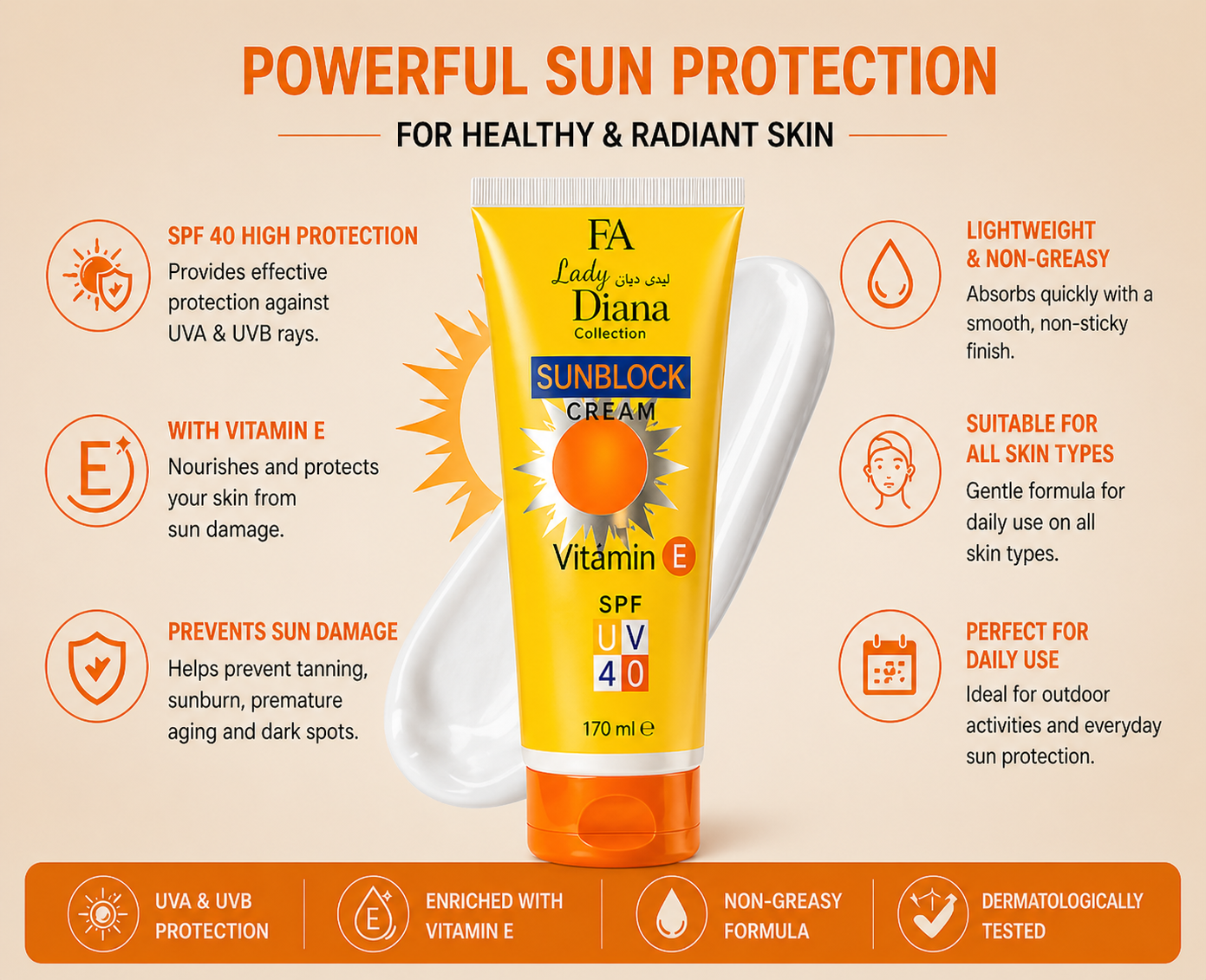 FA Lady Diana SPF 40 Sunblock Cream Vitamin E – UVA/UVB